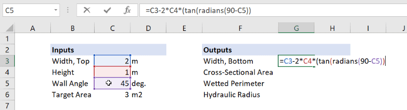 open channel bottom width excel formula