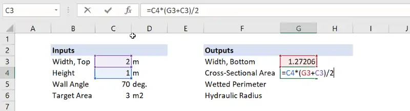trapezoidal cross-section area in excel