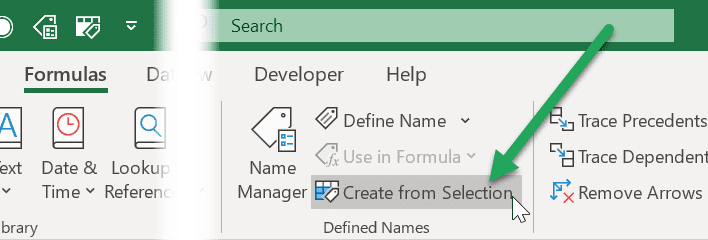 excel create from selection ribbon