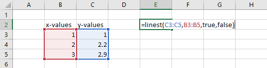 calculate slope in excel with LINEST